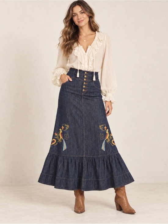 Verbo Dresses & Skirts - Vintage Brazilian Verbo Embroidered Dark Blue Denim Maxi Skirt - Button Front